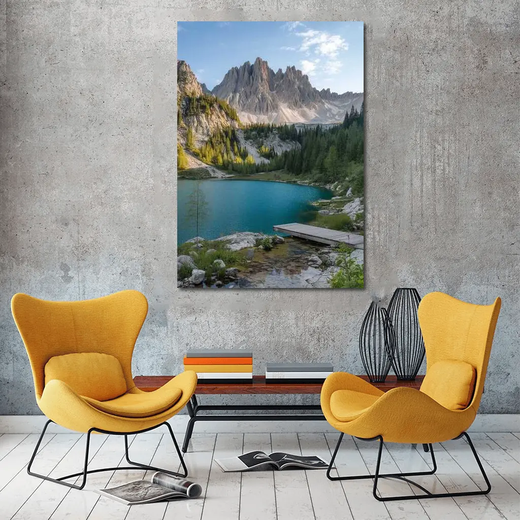 Alpine Lake Jagged Mountain Peaks Forest – Wall Art