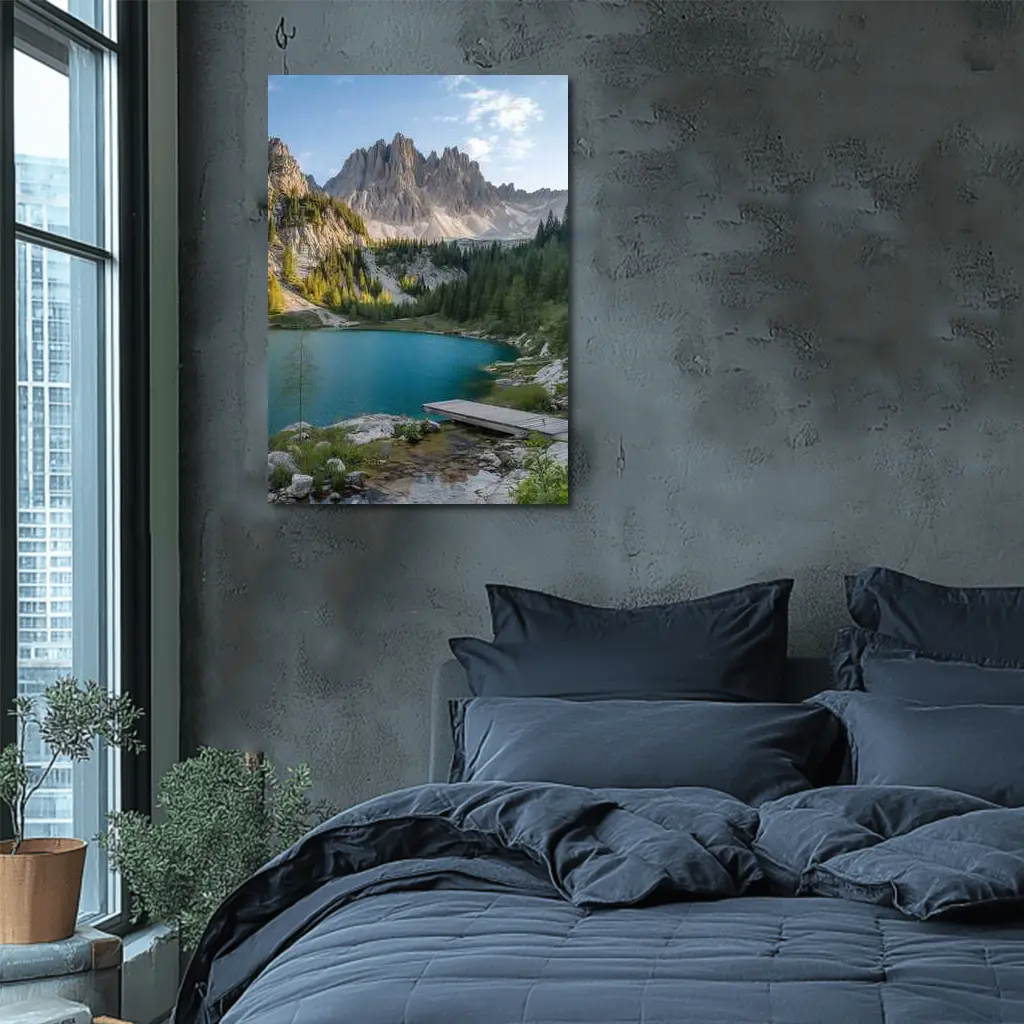 Alpine Lake Jagged Mountain Peaks Forest – Wall Art
