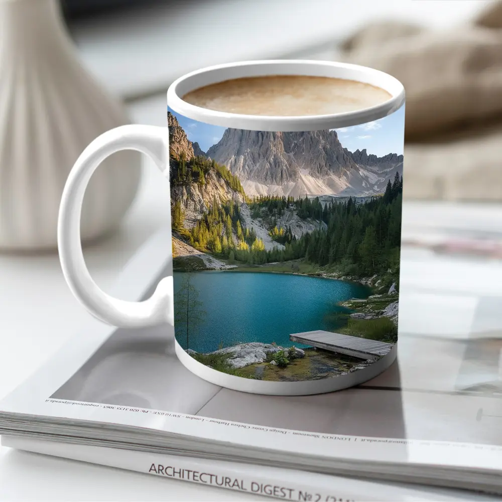 Alpine Lake Jagged Mountain Peaks Forest – Mugs