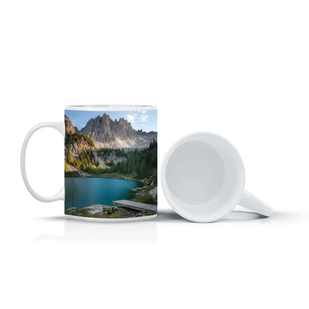 Alpine Lake Jagged Mountain Peaks Forest – Mugs