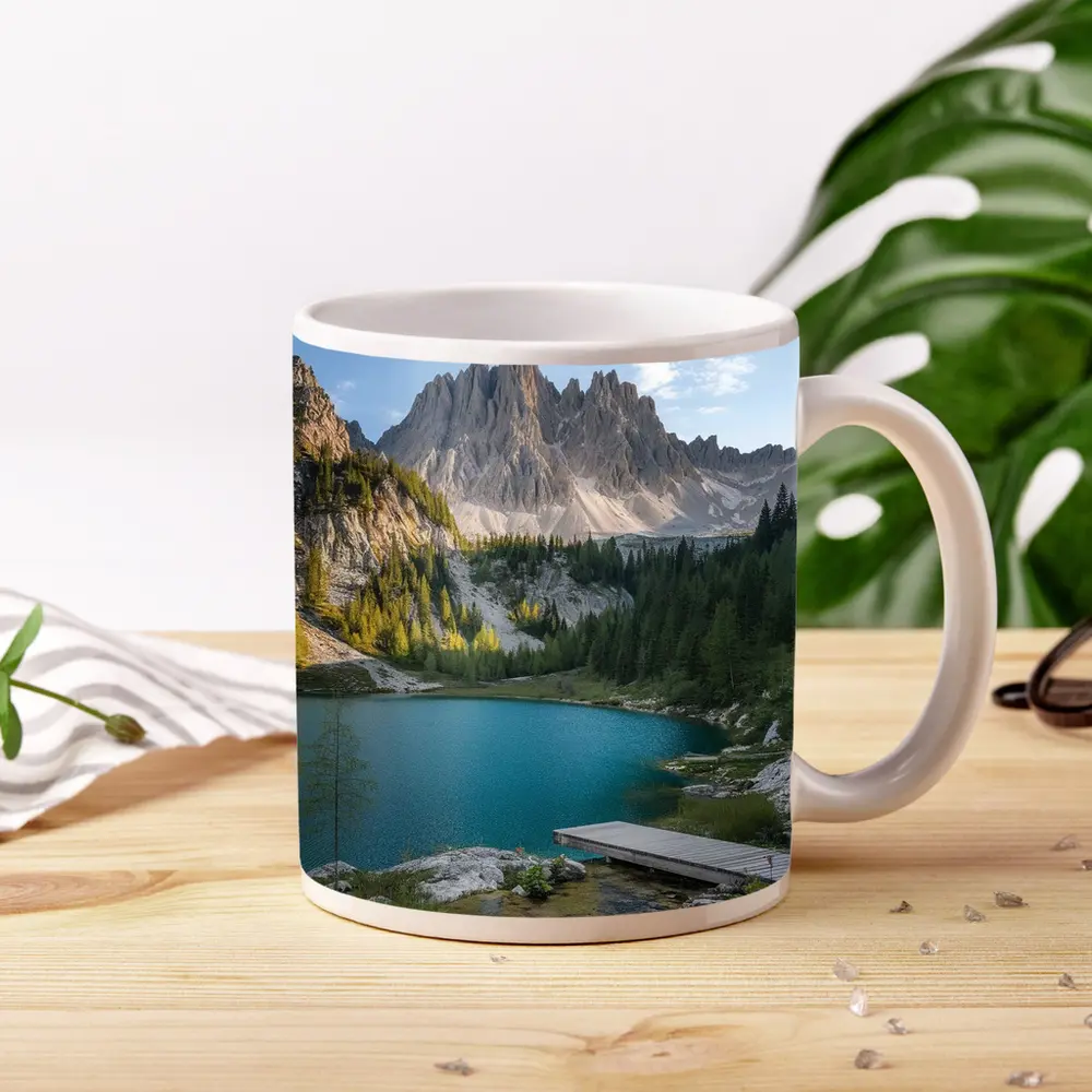 Alpine Lake Jagged Mountain Peaks Forest – Mugs