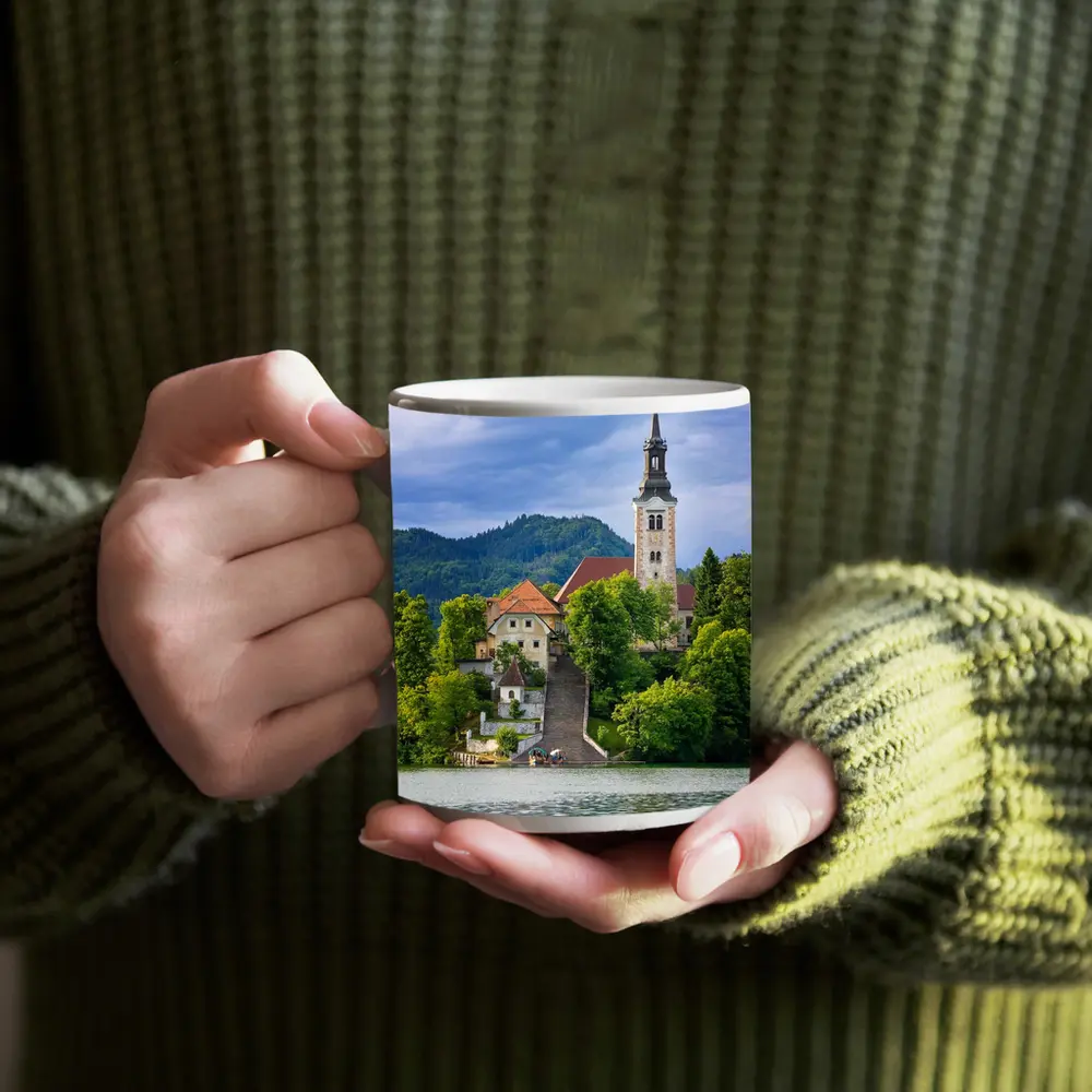 Lake Bled Island Church Slovenia Green Mountains – Mugs