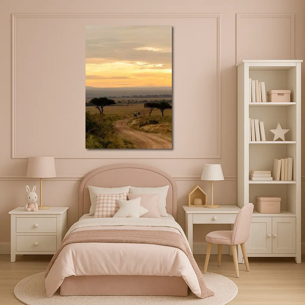 Safari Jeeps Dirt Road African Savanna Sunset – Wall Art
