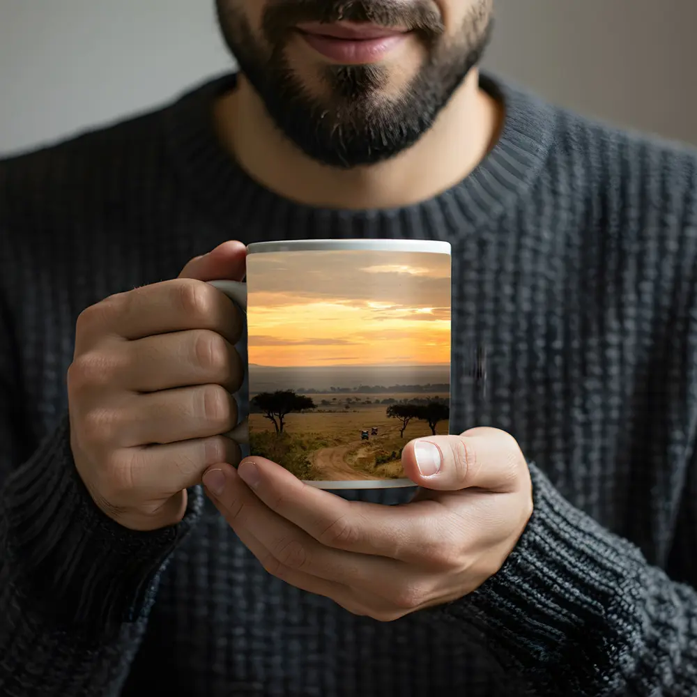 Safari Jeeps Dirt Road African Savanna Sunset – Mugs