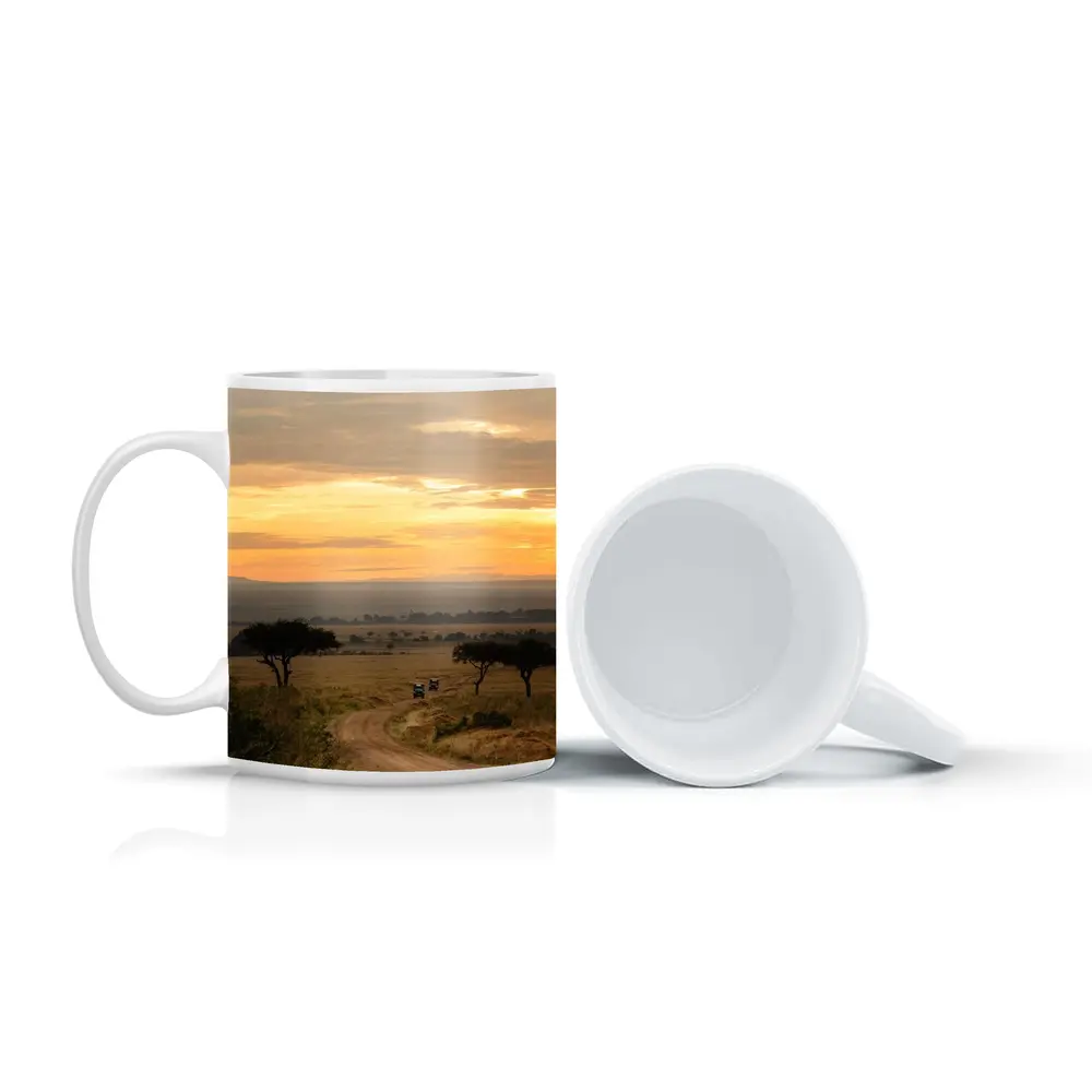Safari Jeeps Dirt Road African Savanna Sunset – Mugs