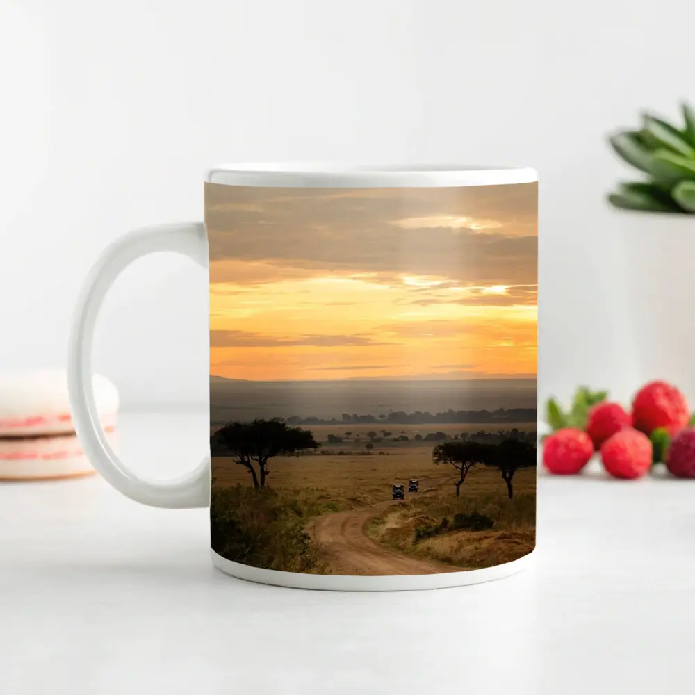 Safari Jeeps Dirt Road African Savanna Sunset – Mugs