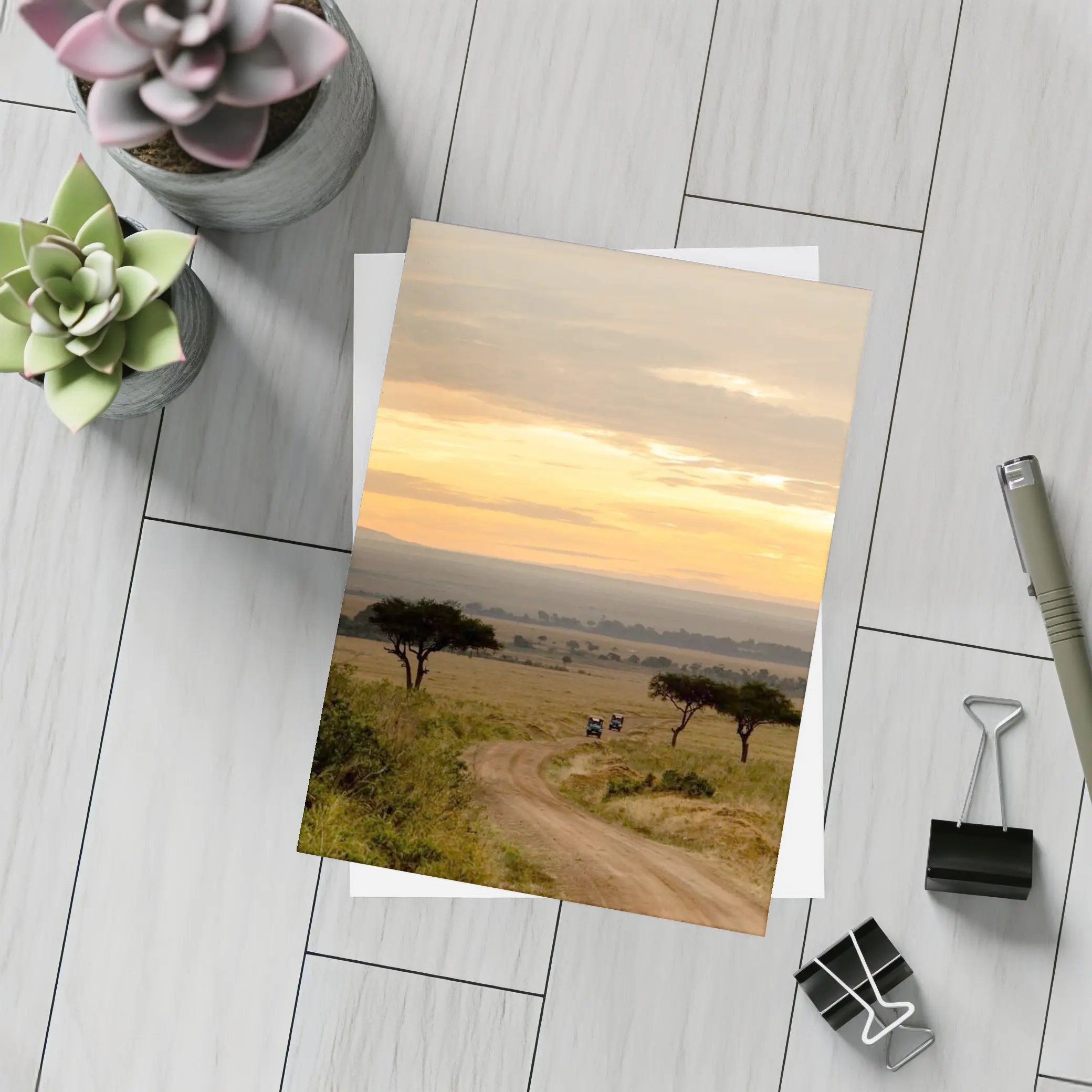Safari Jeeps Dirt Road African Savanna Sunset – Postcards