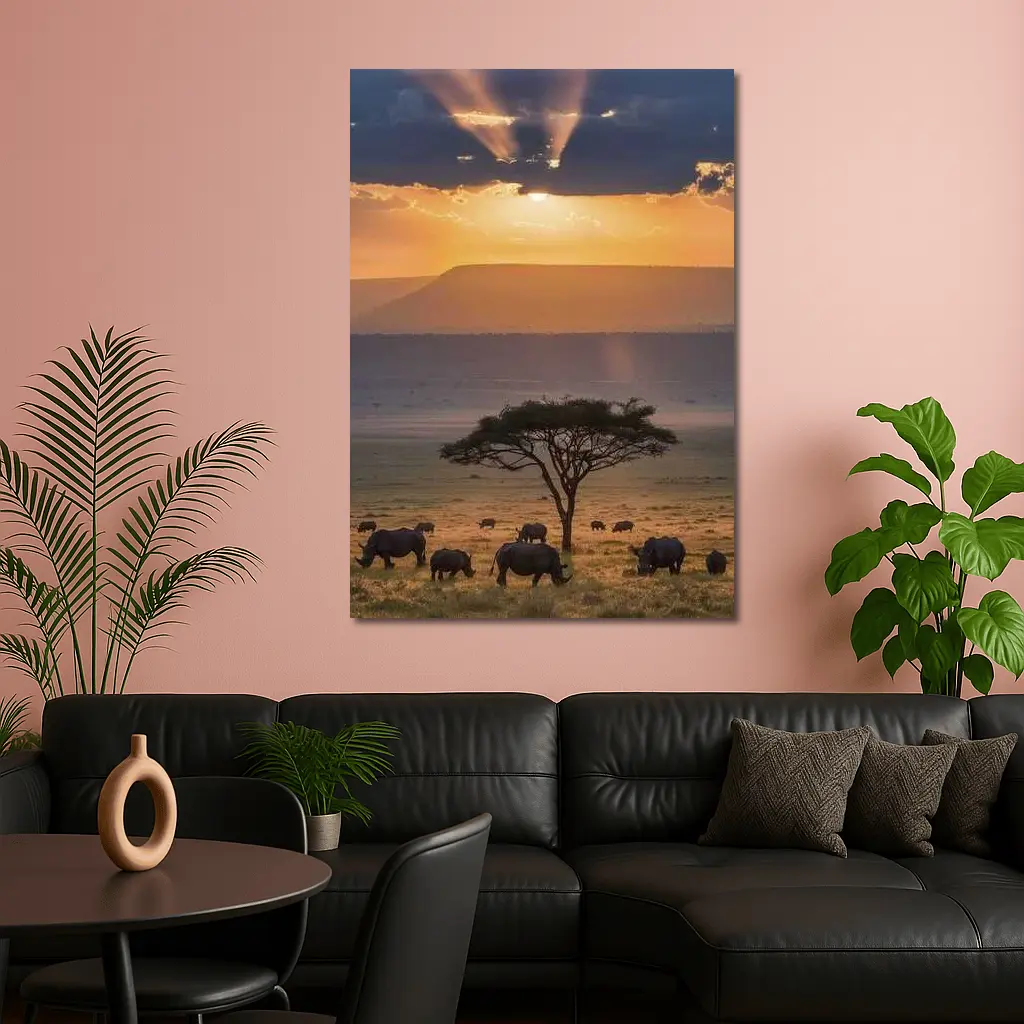 Rhinos Grazing African Savanna Sunset Acacia – Wall Art