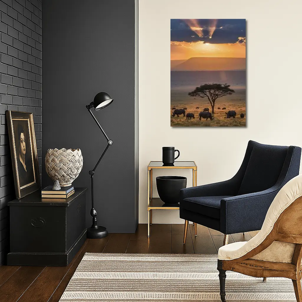Rhinos Grazing African Savanna Sunset Acacia – Wall Art