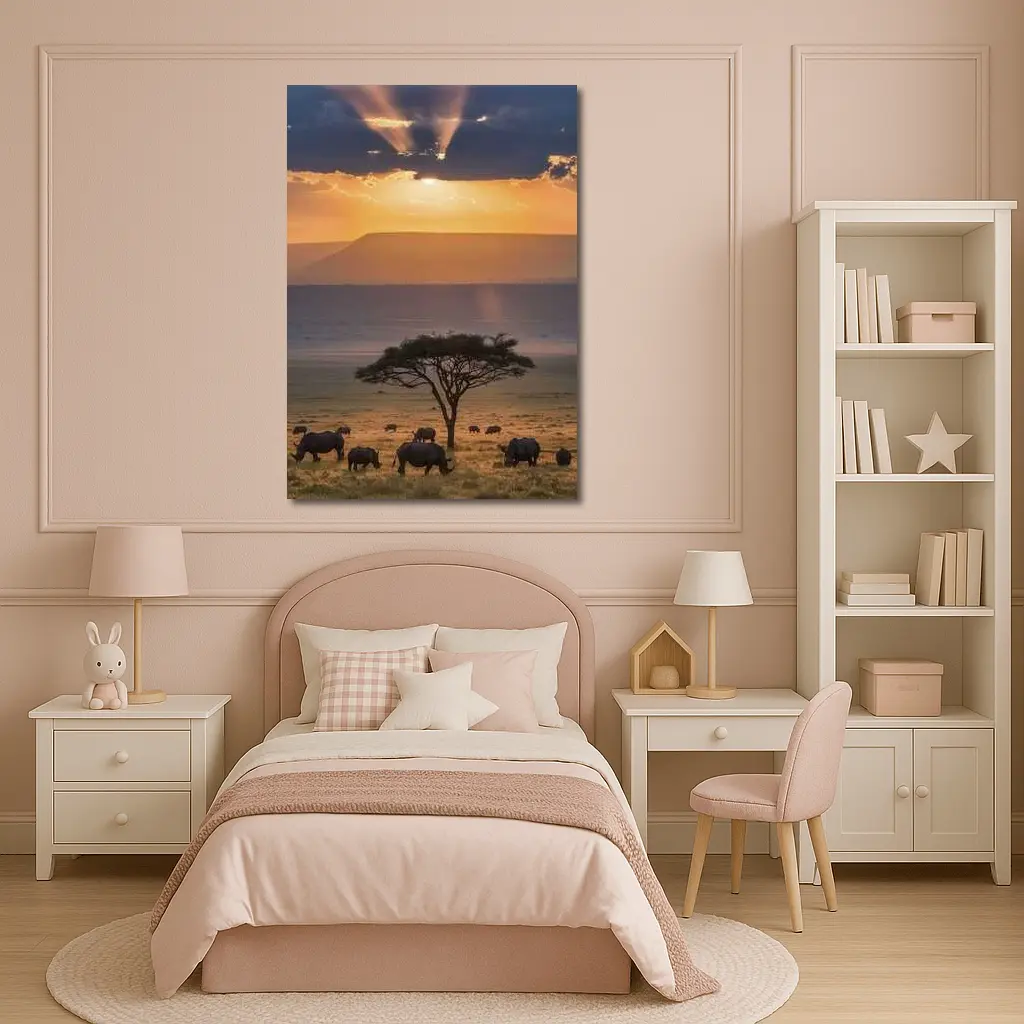 Rhinos Grazing African Savanna Sunset Acacia – Wall Art