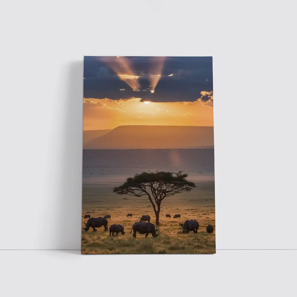 Rhinos Grazing African Savanna Sunset Acacia – Wall Art