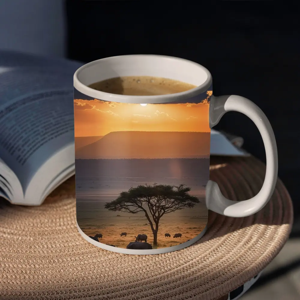 Rhinos Grazing African Savanna Sunset Acacia – Mugs