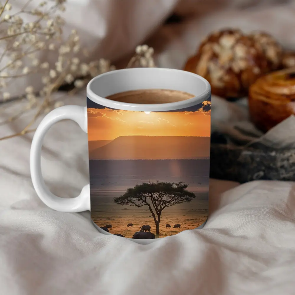 Rhinos Grazing African Savanna Sunset Acacia – Mugs