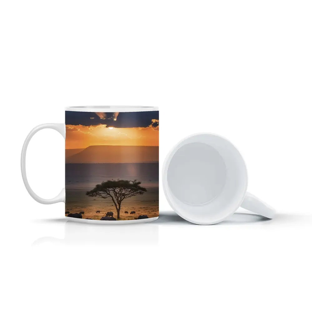 Rhinos Grazing African Savanna Sunset Acacia – Mugs