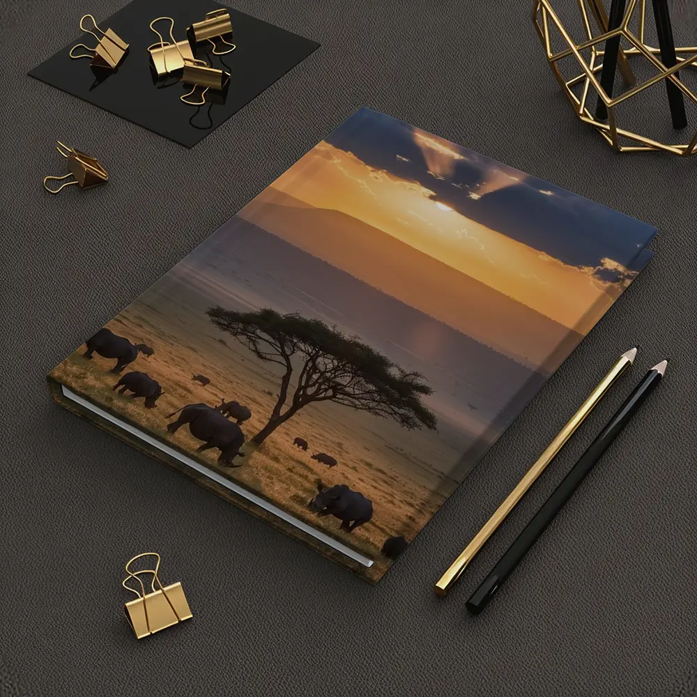Rhinos Grazing African Savanna Sunset Acacia – Notebooks