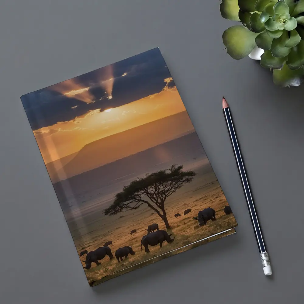 Rhinos Grazing African Savanna Sunset Acacia – Notebooks