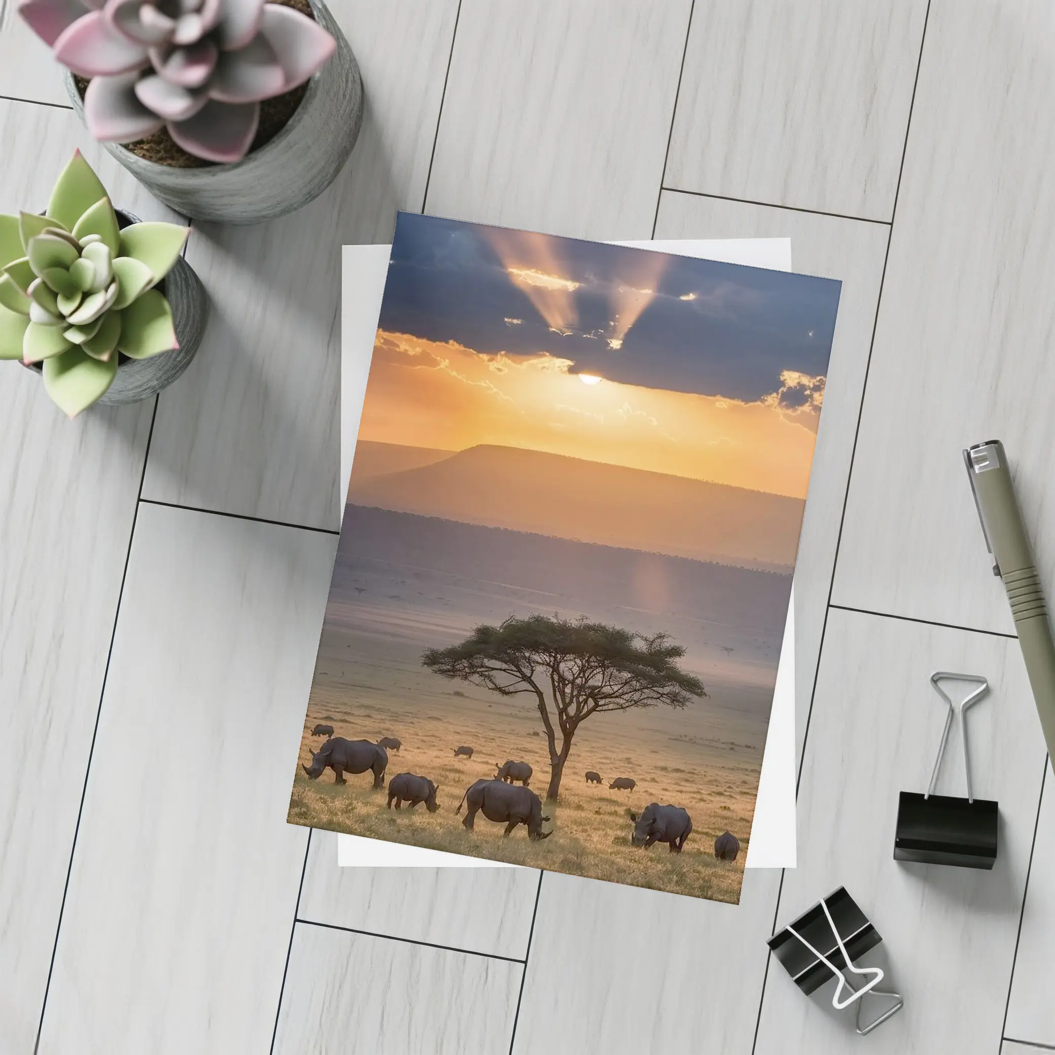 Rhinos Grazing African Savanna Sunset Acacia – Postcards