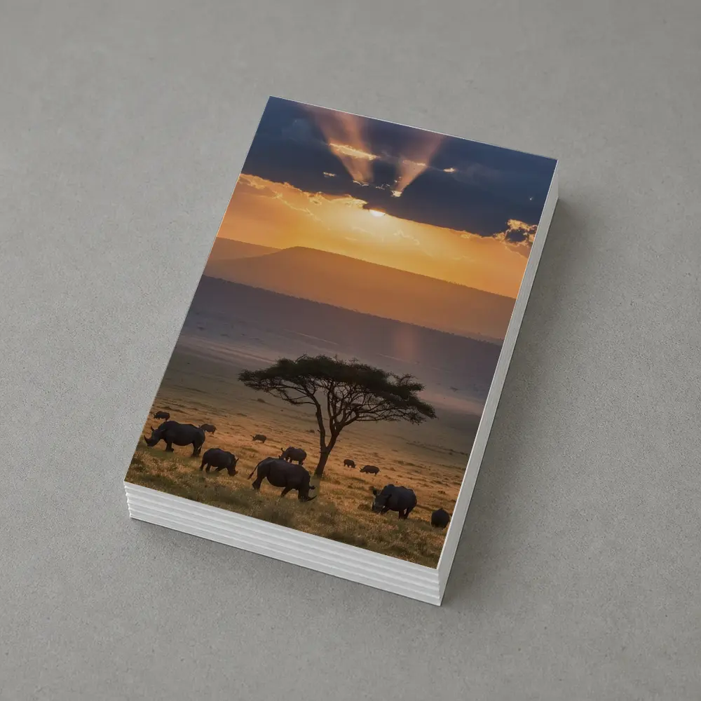 Rhinos Grazing African Savanna Sunset Acacia – Postcards