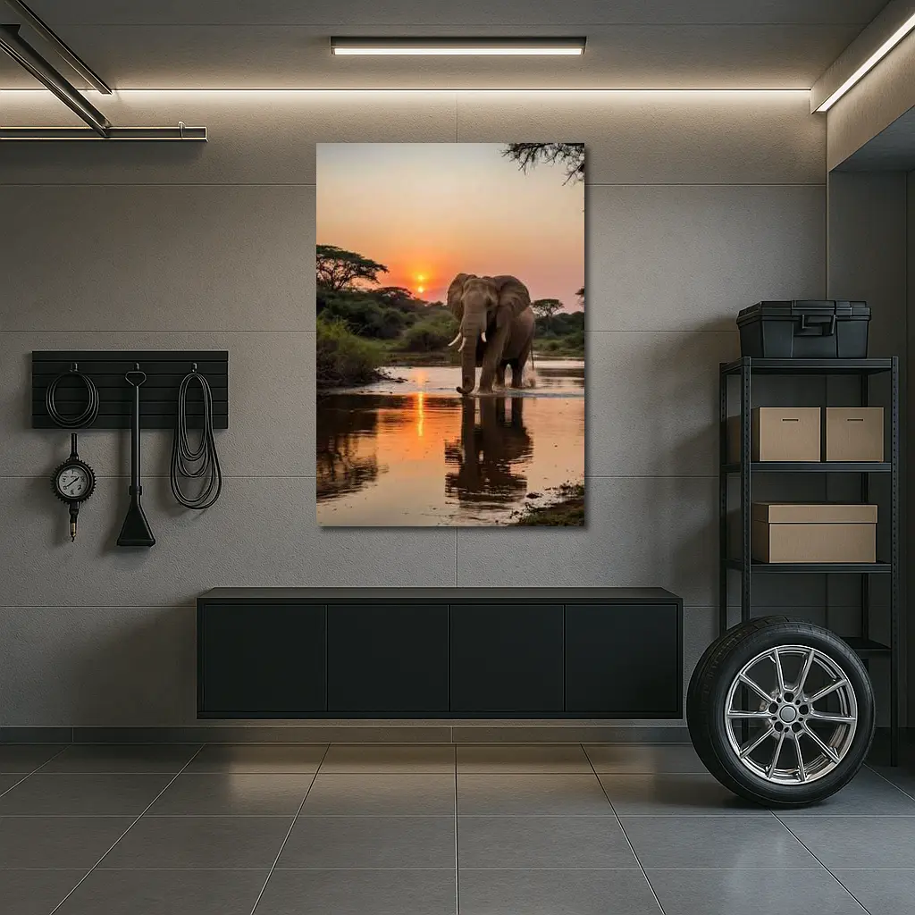 African Elephant at Sunset River Reflection – Wall Art