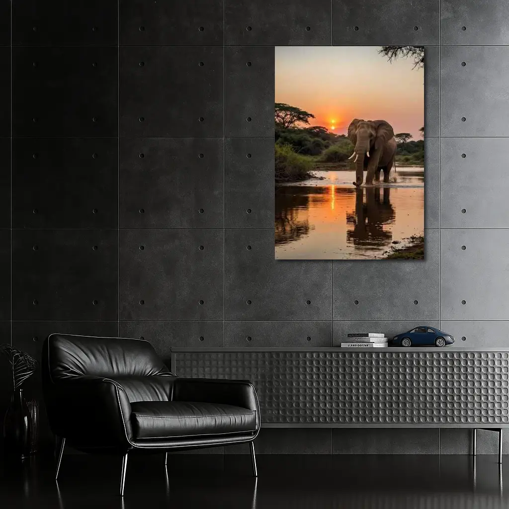 African Elephant at Sunset River Reflection – Wall Art