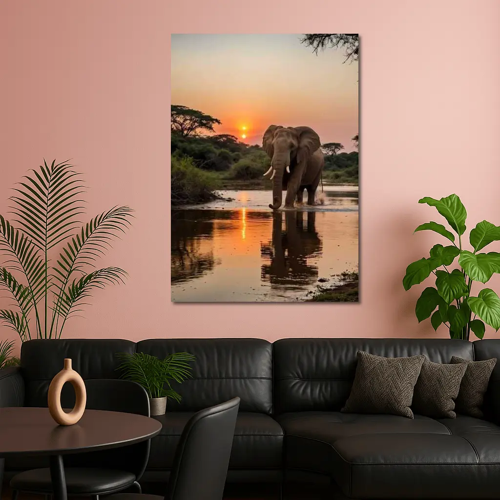 African Elephant at Sunset River Reflection – Wall Art