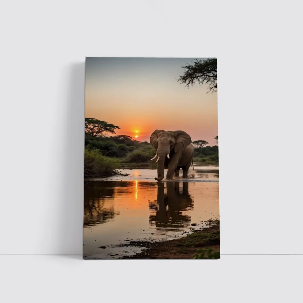 African Elephant at Sunset River Reflection – Wall Art