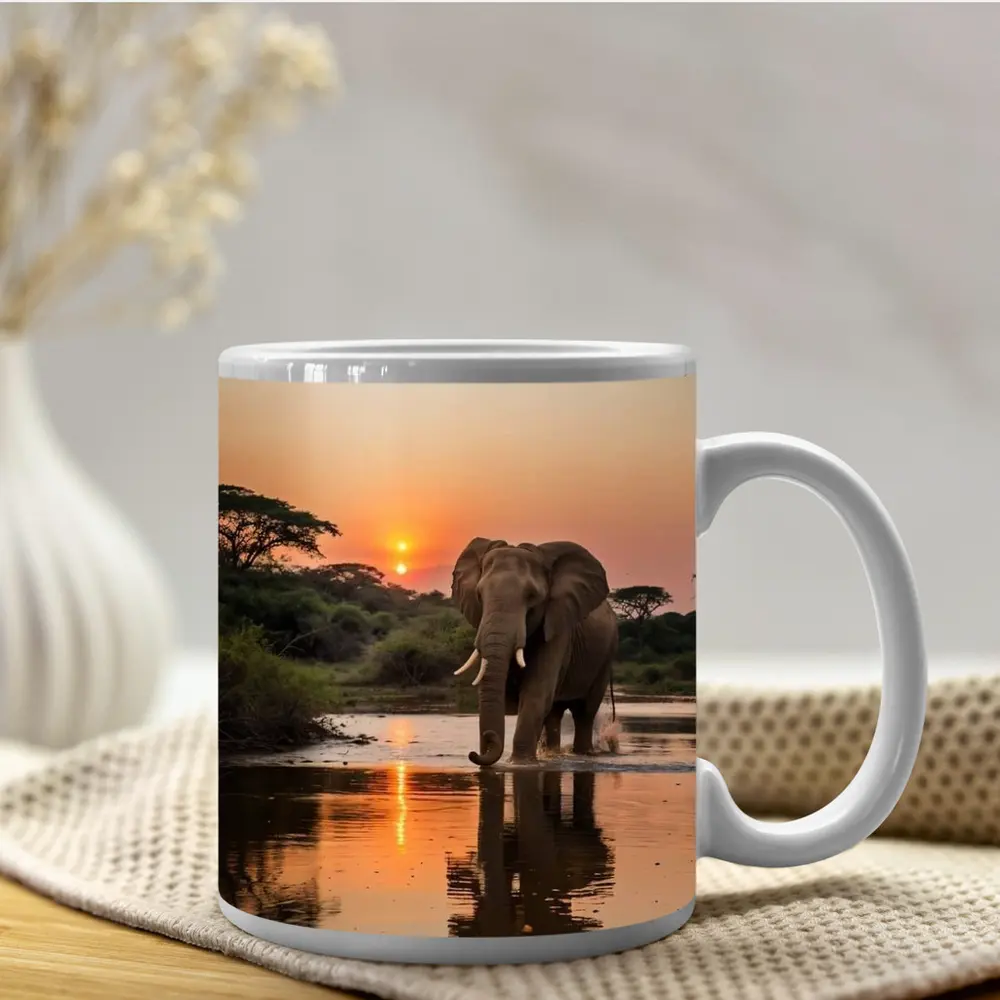 African Elephant at Sunset River Reflection – Mugs