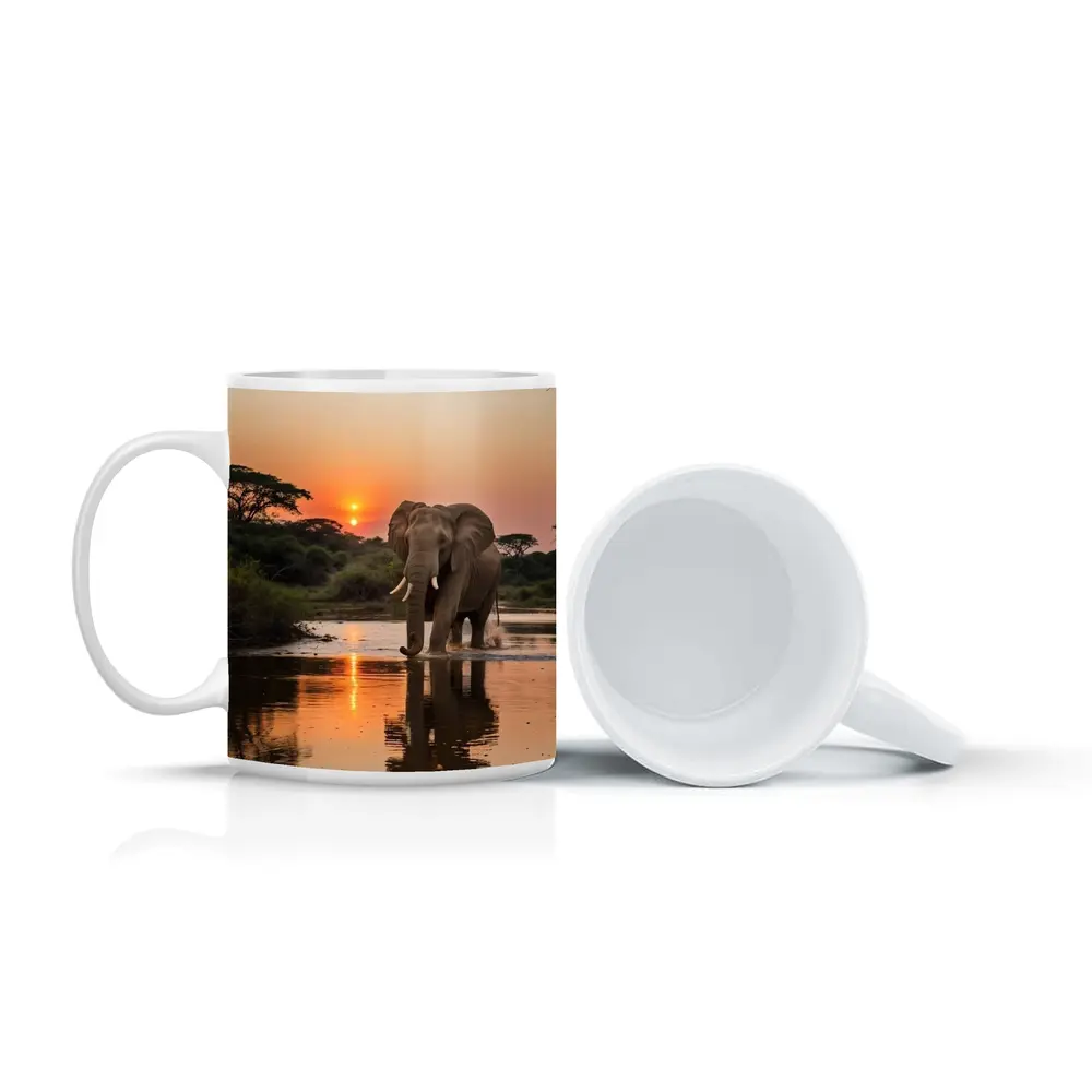 African Elephant at Sunset River Reflection – Mugs