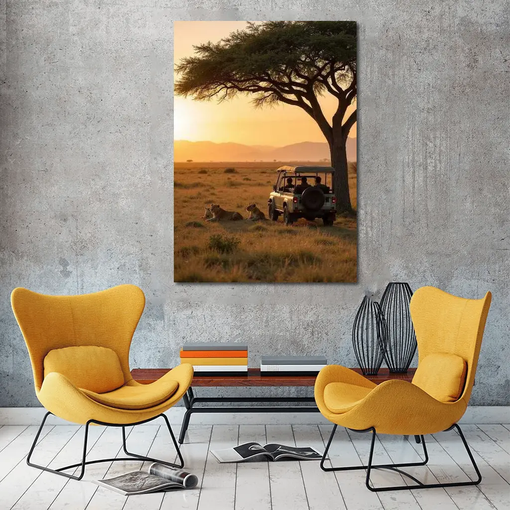 Lions Resting Safari Jeep African Savanna Sunset – Wall Art