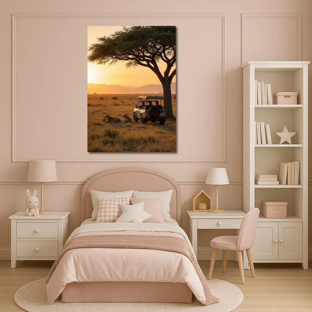 Lions Resting Safari Jeep African Savanna Sunset – Wall Art