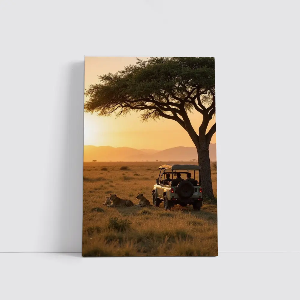 Lions Resting Safari Jeep African Savanna Sunset – Wall Art