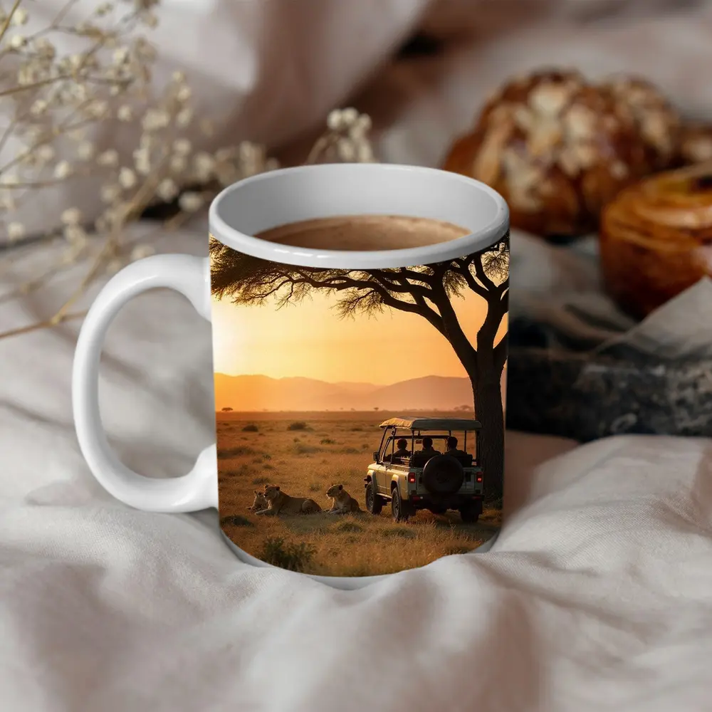 Lions Resting Safari Jeep African Savanna Sunset – Mugs