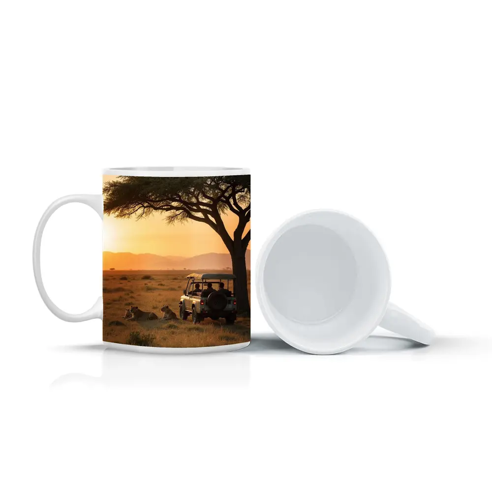 Lions Resting Safari Jeep African Savanna Sunset – Mugs