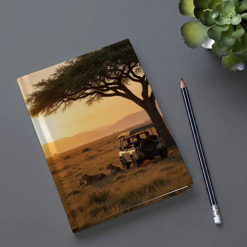 Lions Resting Safari Jeep African Savanna Sunset – Notebooks