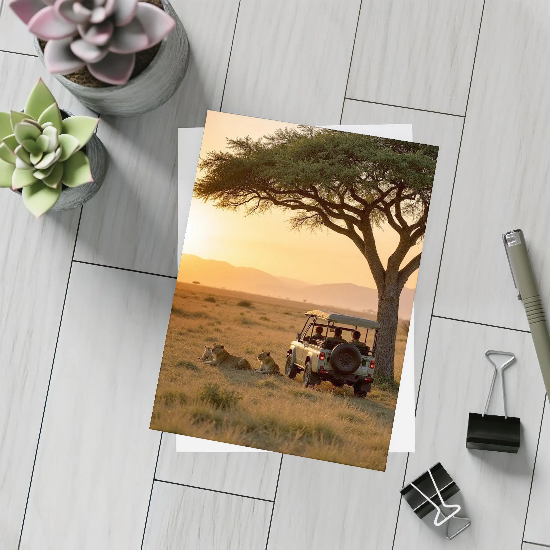 Lions Resting Safari Jeep African Savanna Sunset – Postcards