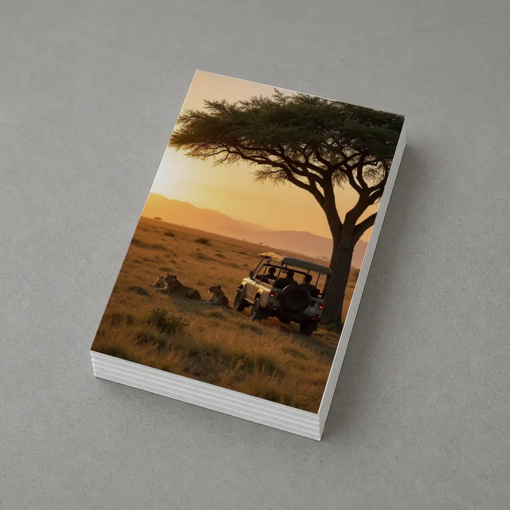 Lions Resting Safari Jeep African Savanna Sunset – Postcards