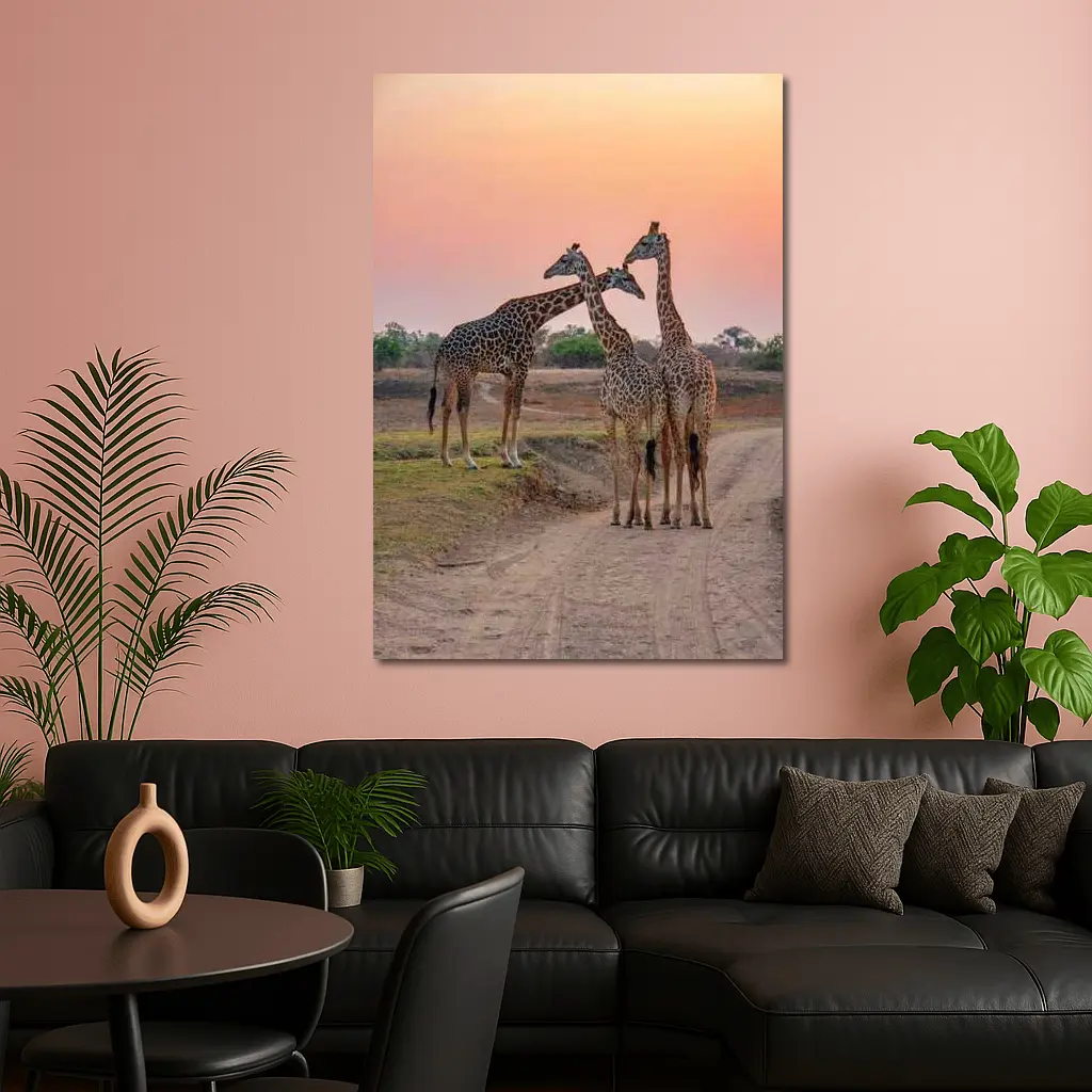 Three Giraffes on African Savanna Sunset – Wall Art