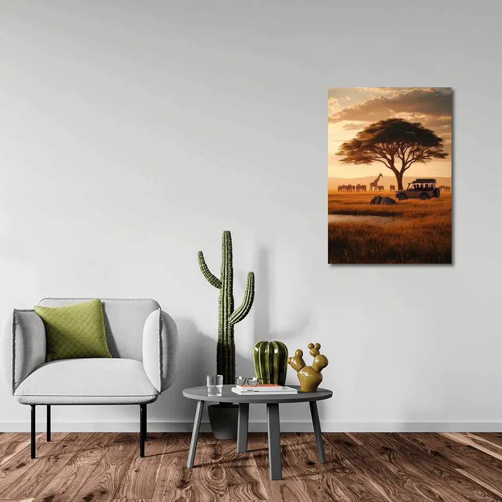 African Safari Jeep Golden Savanna Sunset – Wall Art