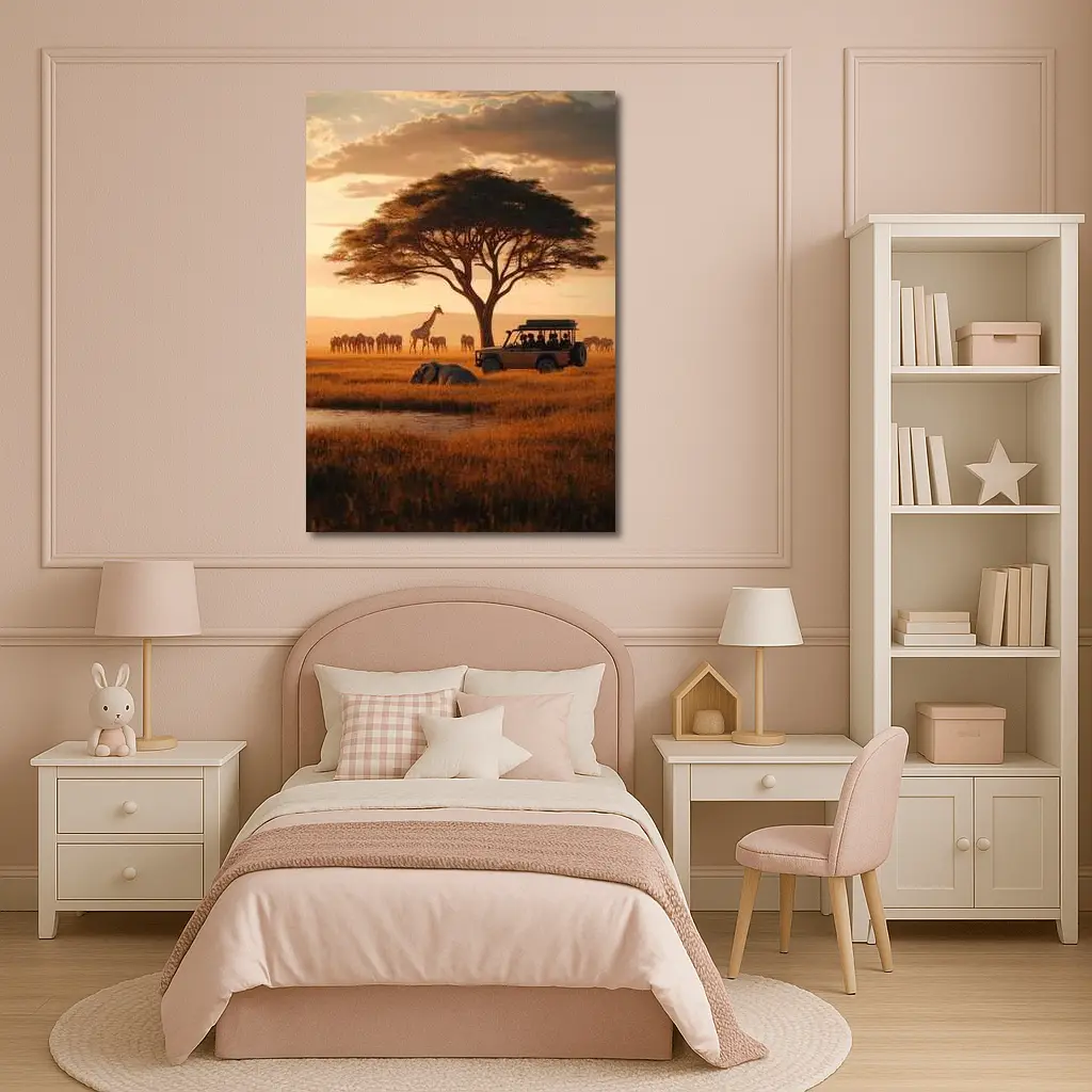 African Safari Jeep Golden Savanna Sunset – Wall Art