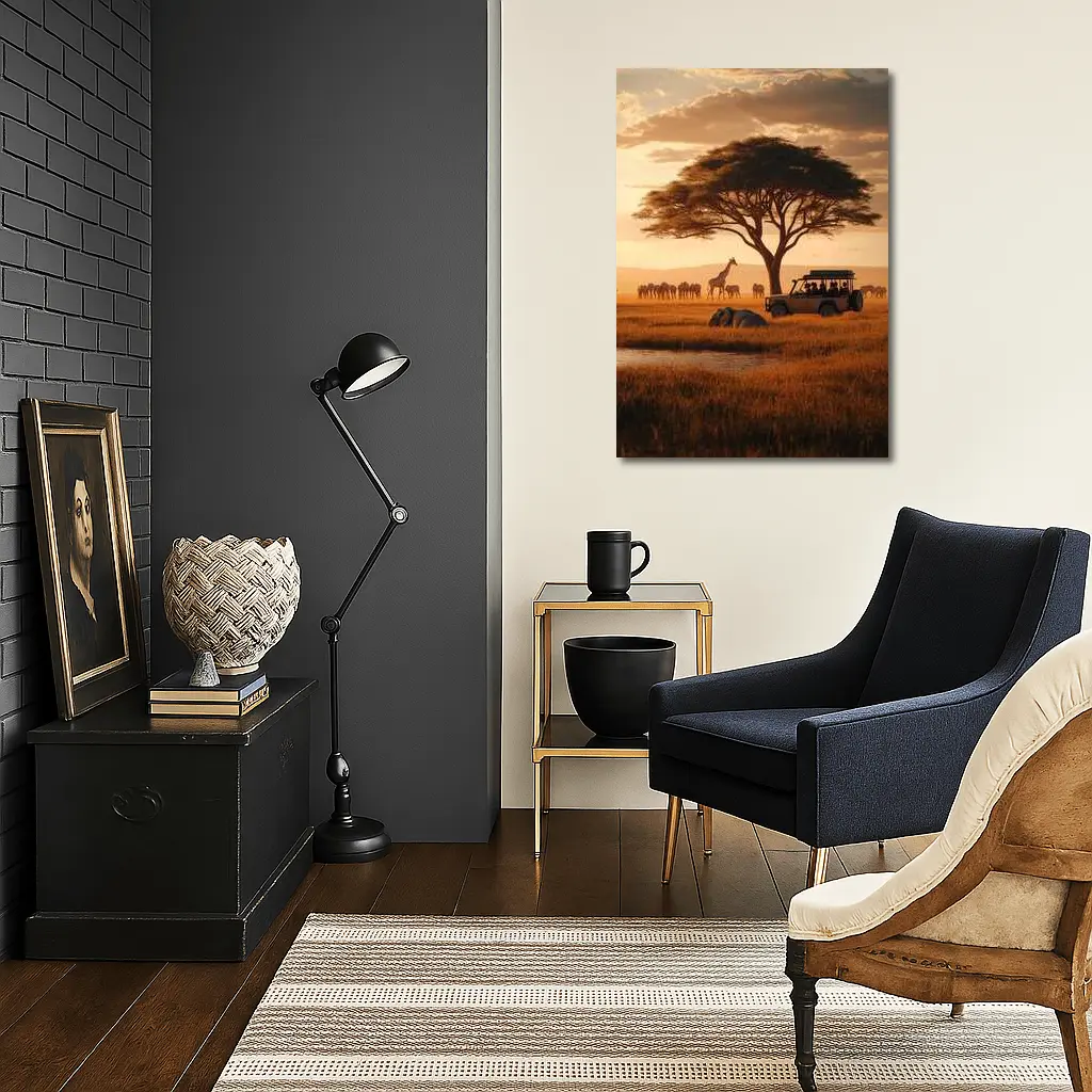 African Safari Jeep Golden Savanna Sunset – Wall Art