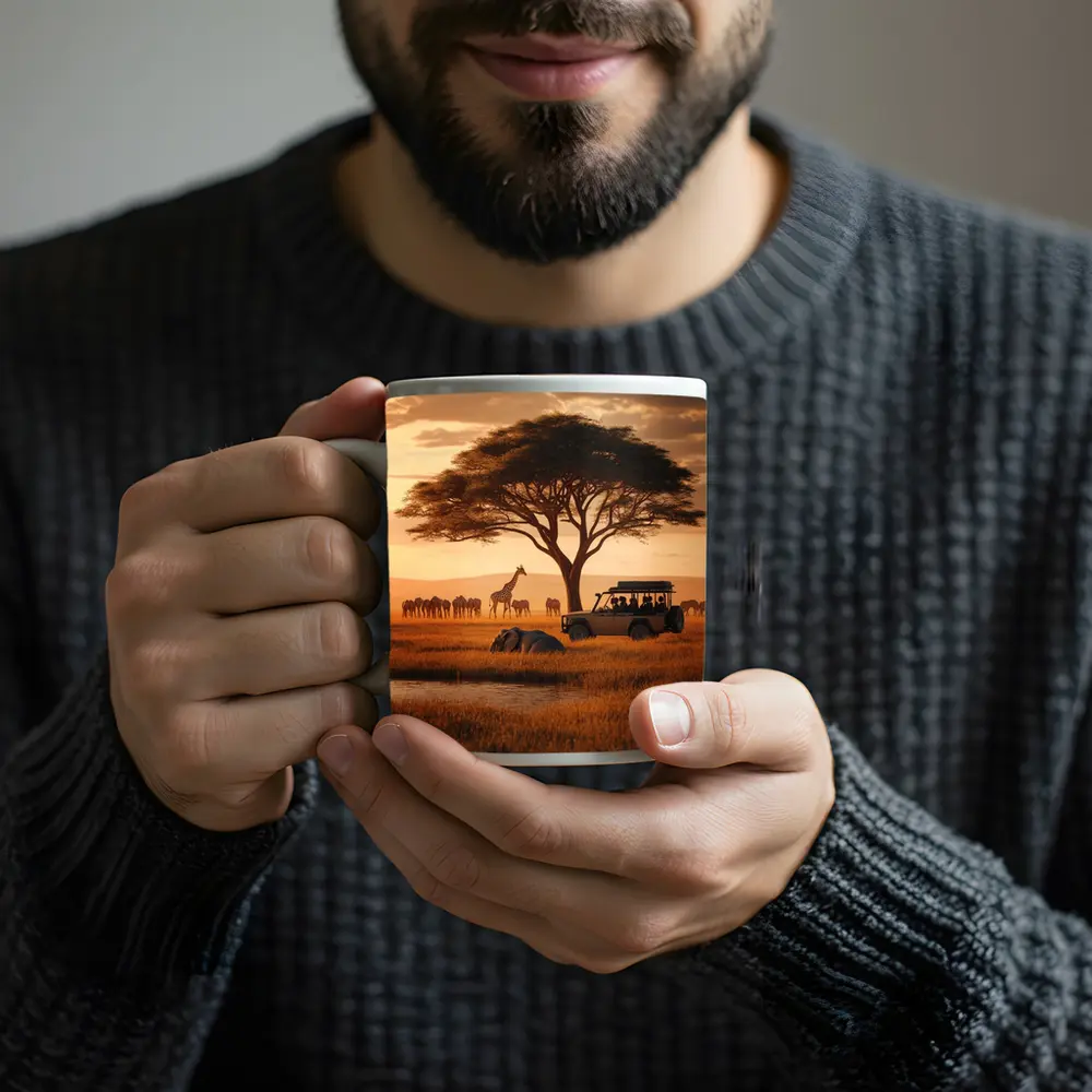 African Safari Jeep Golden Savanna Sunset – Mugs