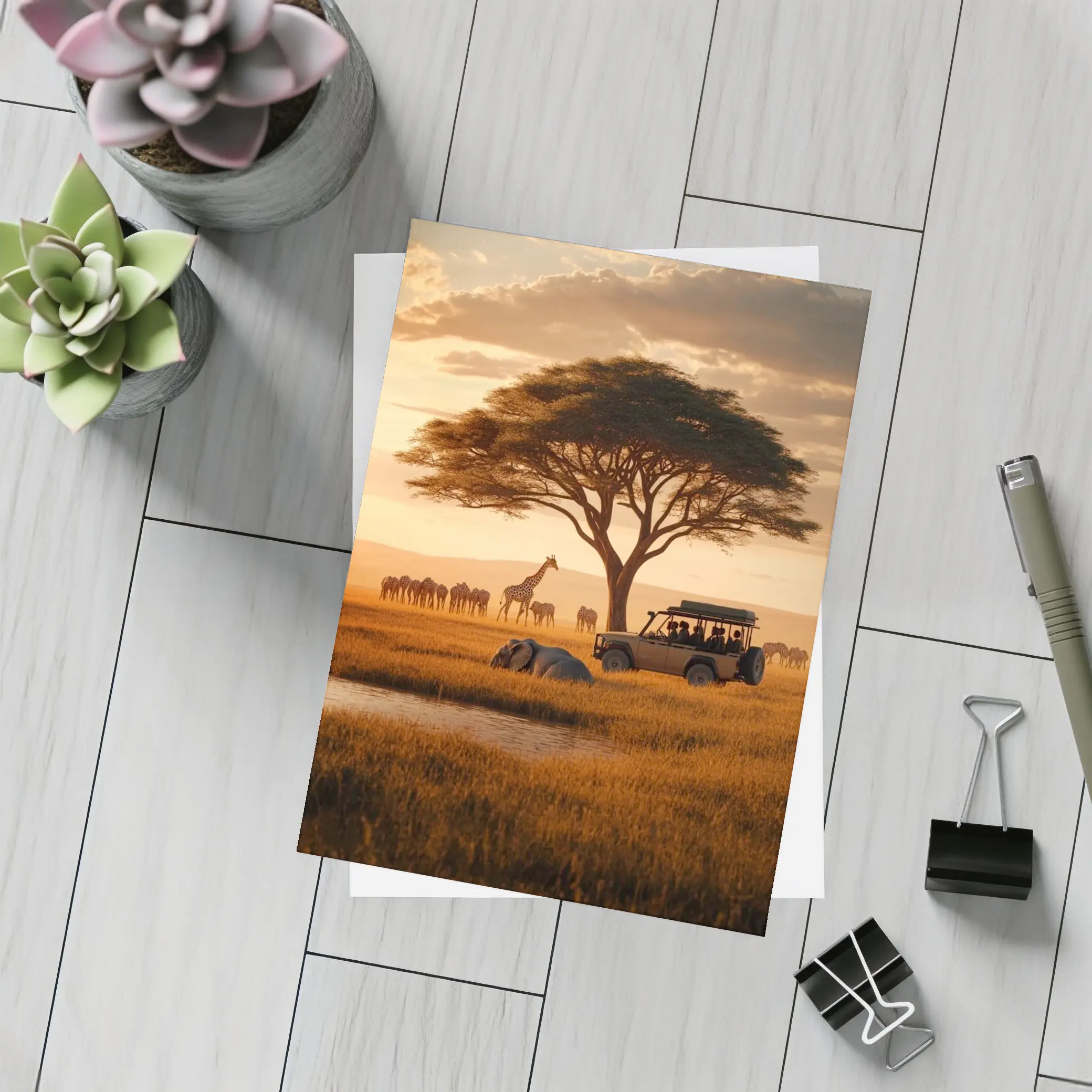 African Safari Jeep Golden Savanna Sunset – Postcards