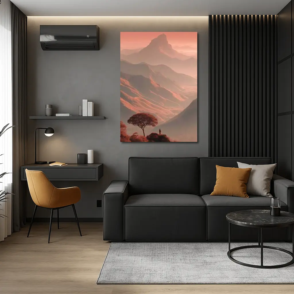 Lone Figure Mountain Valley Terracotta Landscape – Wall Art