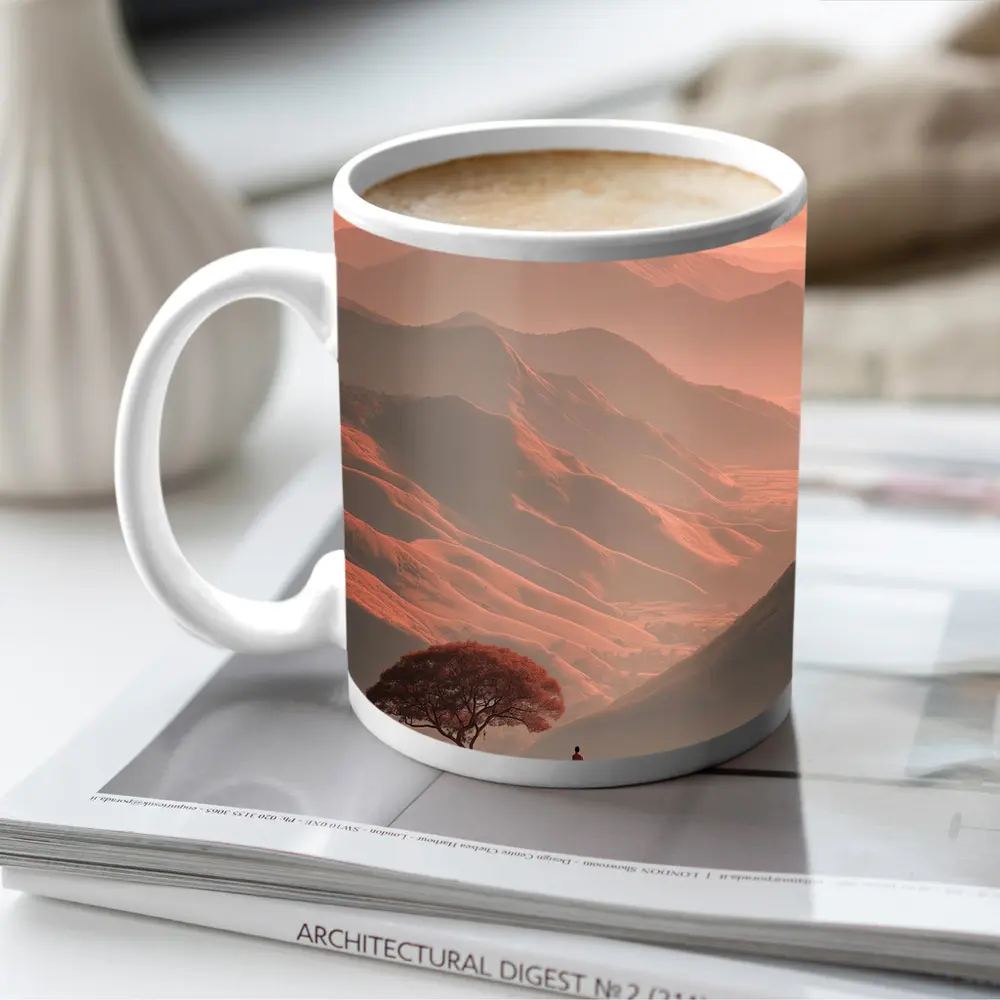 Lone Figure Mountain Valley Terracotta Landscape – Mugs