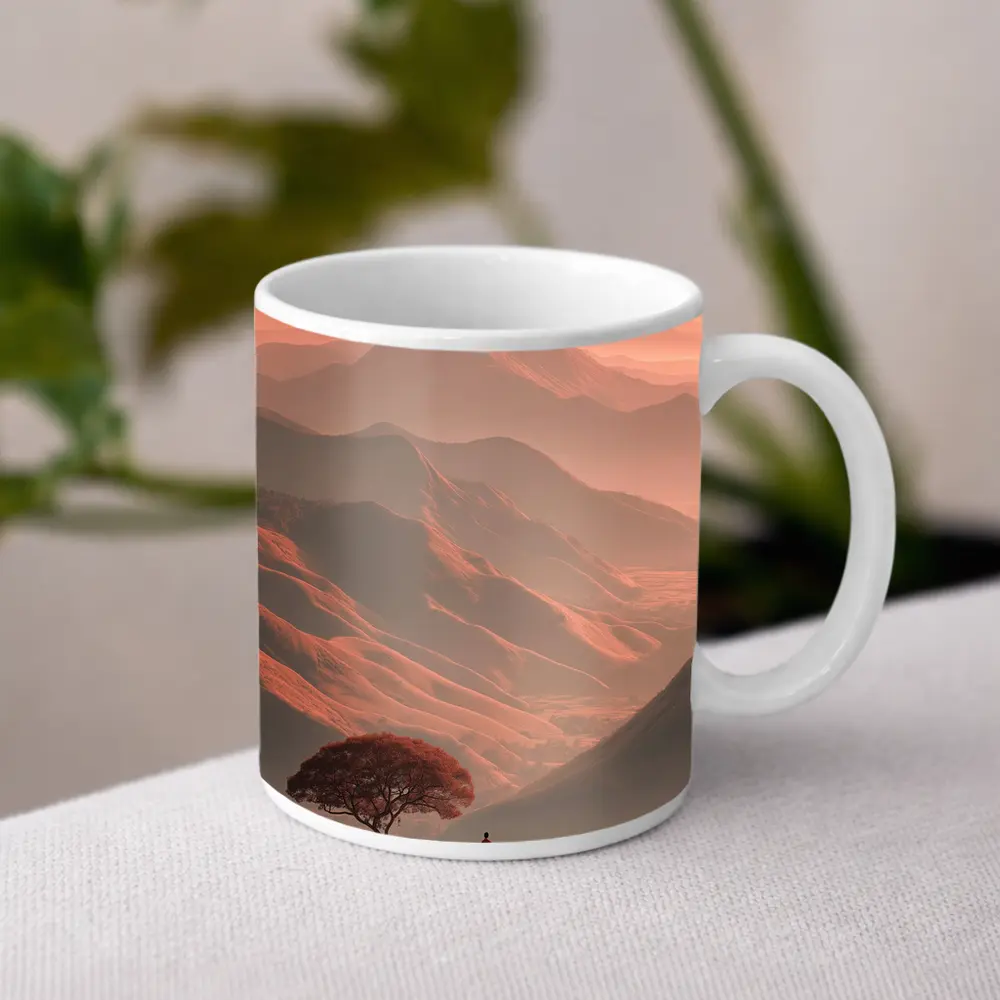 Lone Figure Mountain Valley Terracotta Landscape – Mugs