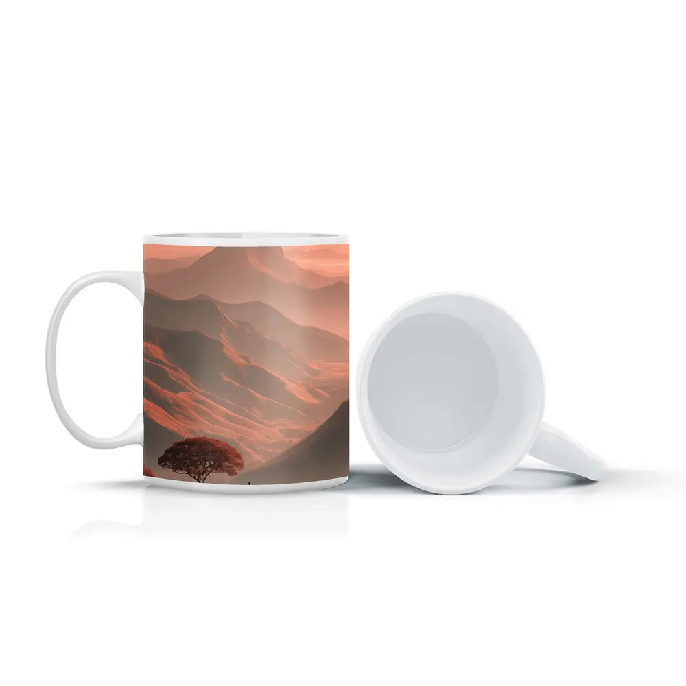 Lone Figure Mountain Valley Terracotta Landscape – Mugs