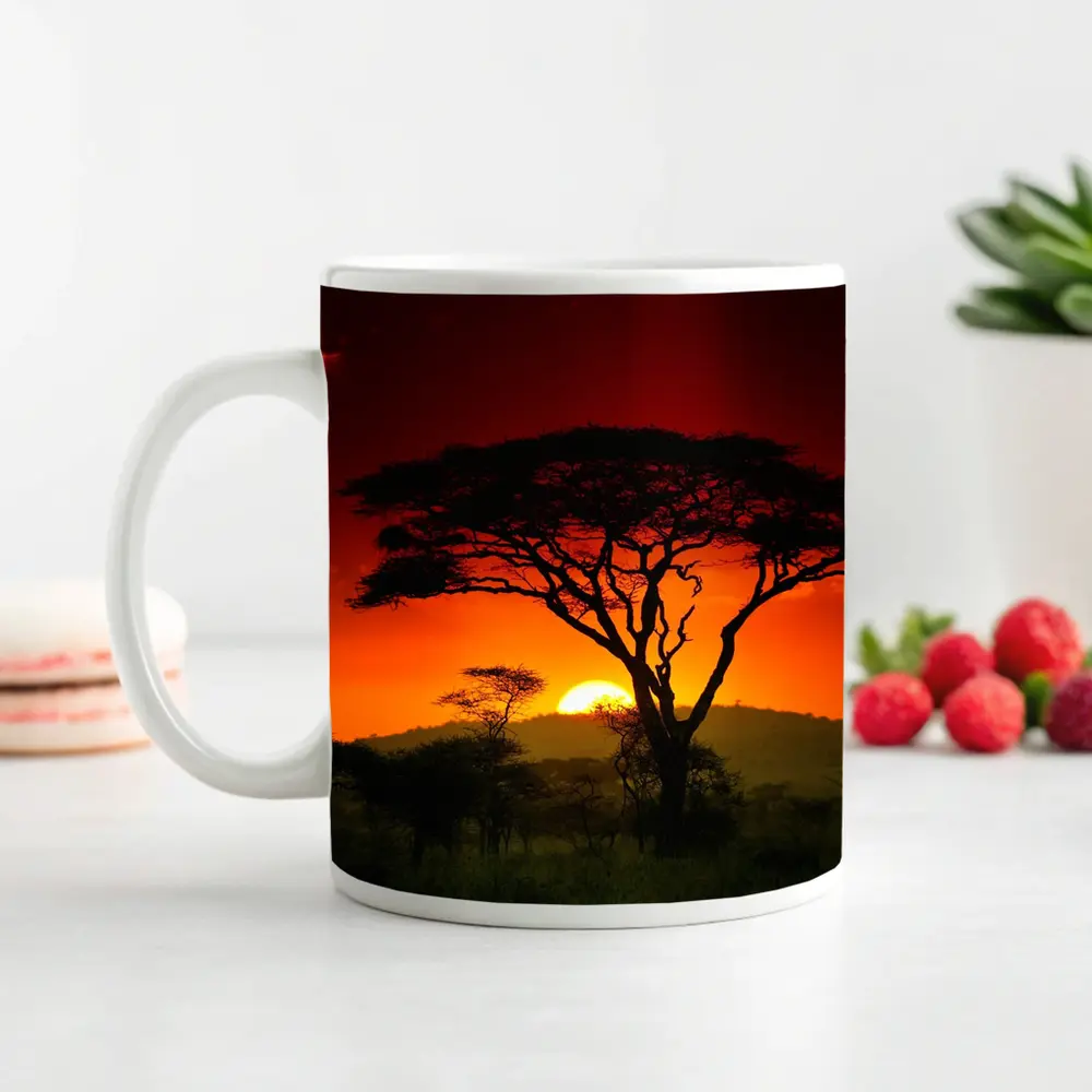African Savanna Sunset Acacia Tree Silhouette – Mugs
