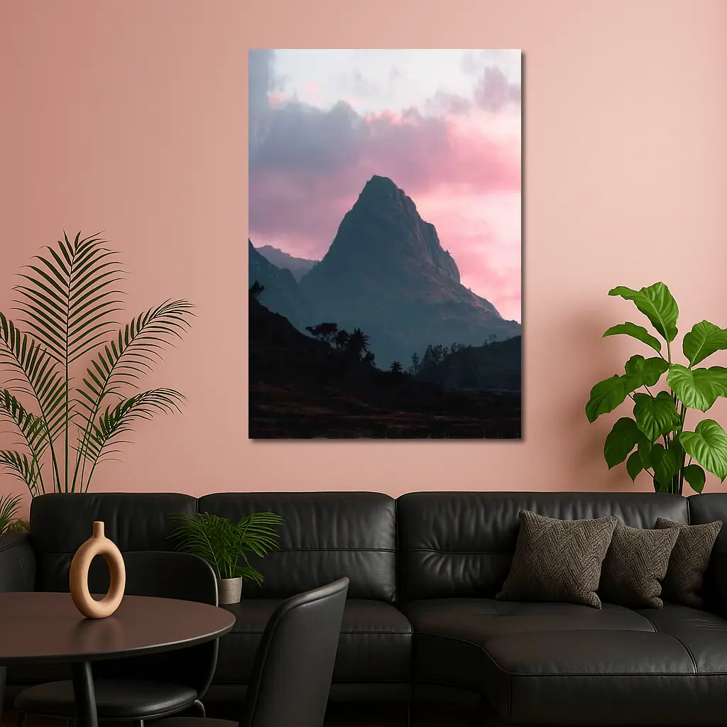 Sharp Mountain Peak Pink Sunset Sky – Wall Art