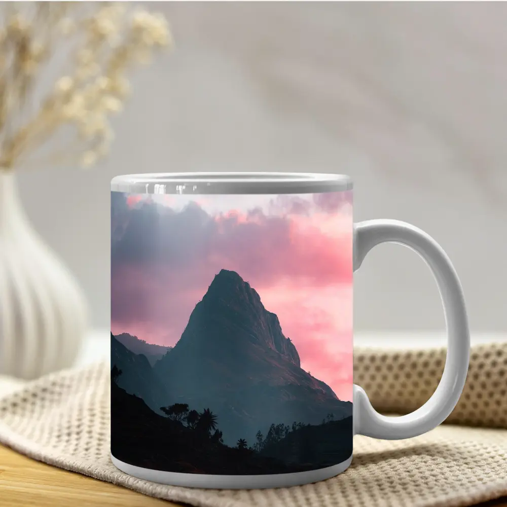 Sharp Mountain Peak Pink Sunset Sky – Mugs