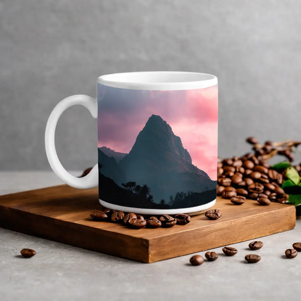 Sharp Mountain Peak Pink Sunset Sky – Mugs
